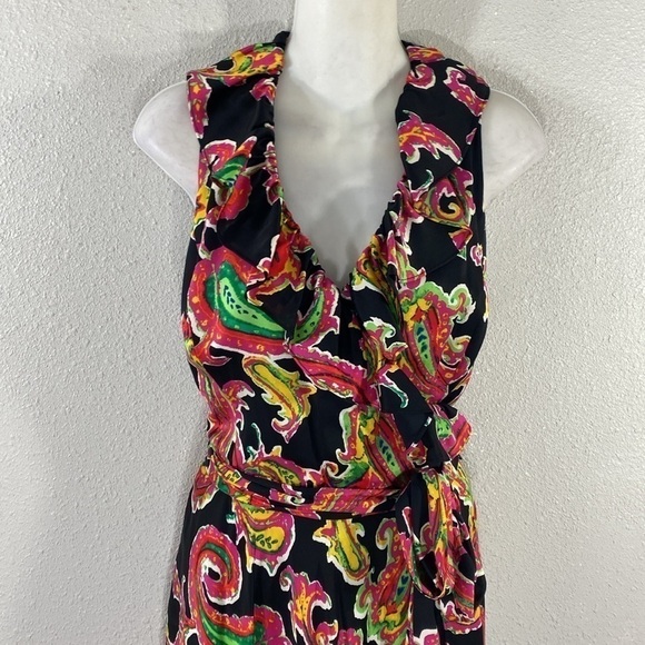 Ralph Lauren Black Pink Multi Paisley Silk Ruffle Wrap Dress 6 RR16 - Picture 2 of 13